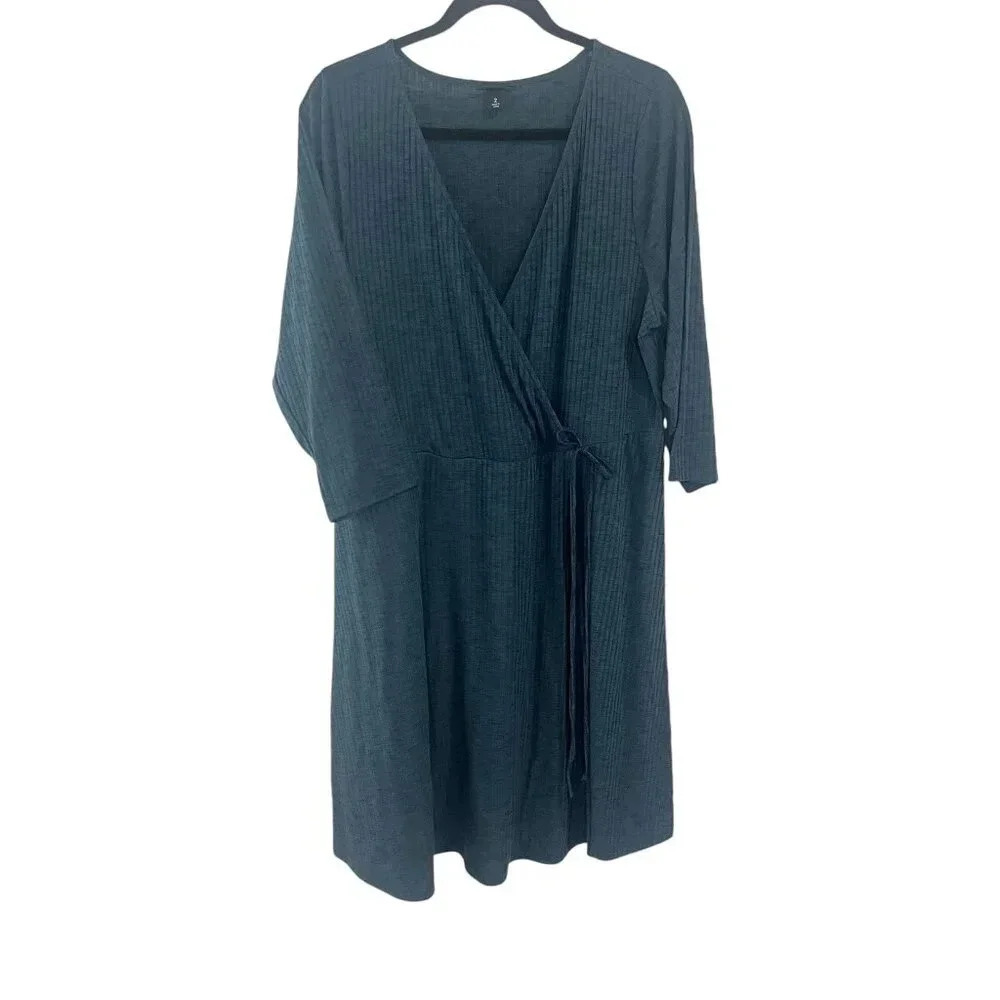 Torrid Dark Teal Ribbed Faux Wrap Midi Dress Women's Plus Size 2X